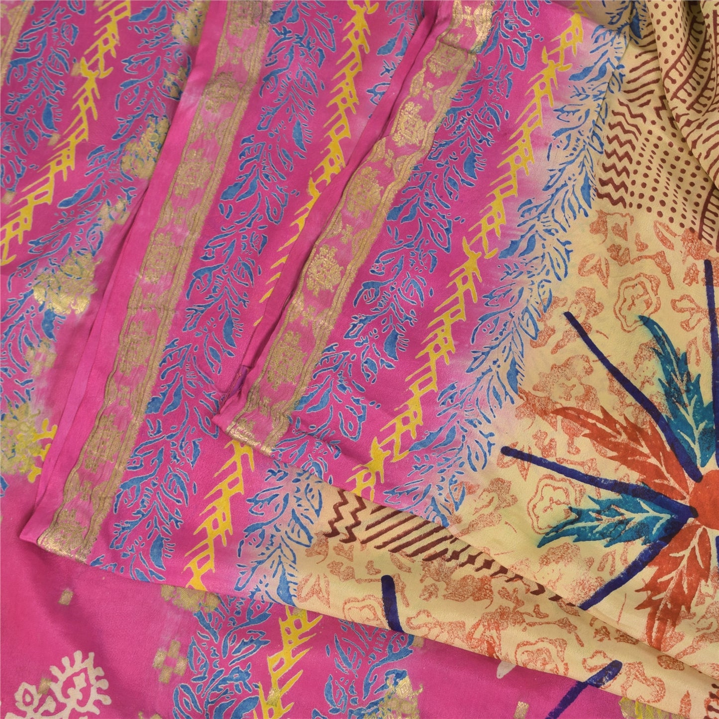 Sanskriti Vintage Sarees Brown/Pink Pure Silk Printed Sari 5+yd Craft Fabric