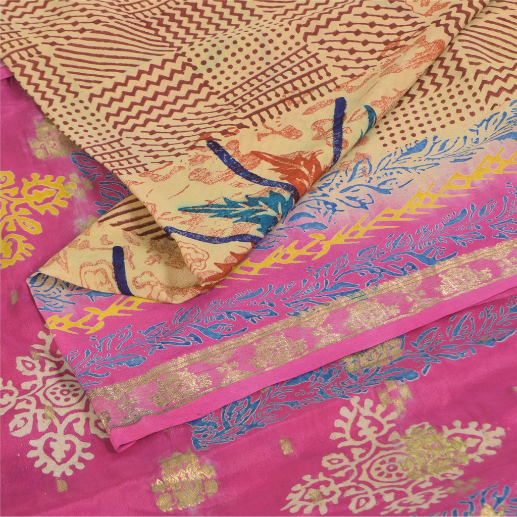 Sanskriti Vintage Sarees Brown/Pink Pure Silk Printed Sari 5+yd Craft Fabric