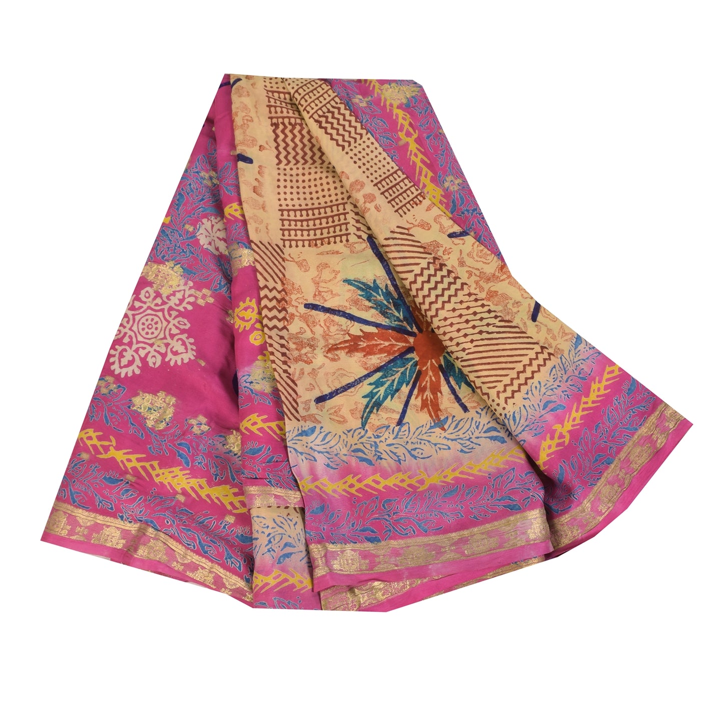 Sanskriti Vintage Sarees Brown/Pink Pure Silk Printed Sari 5+yd Craft Fabric