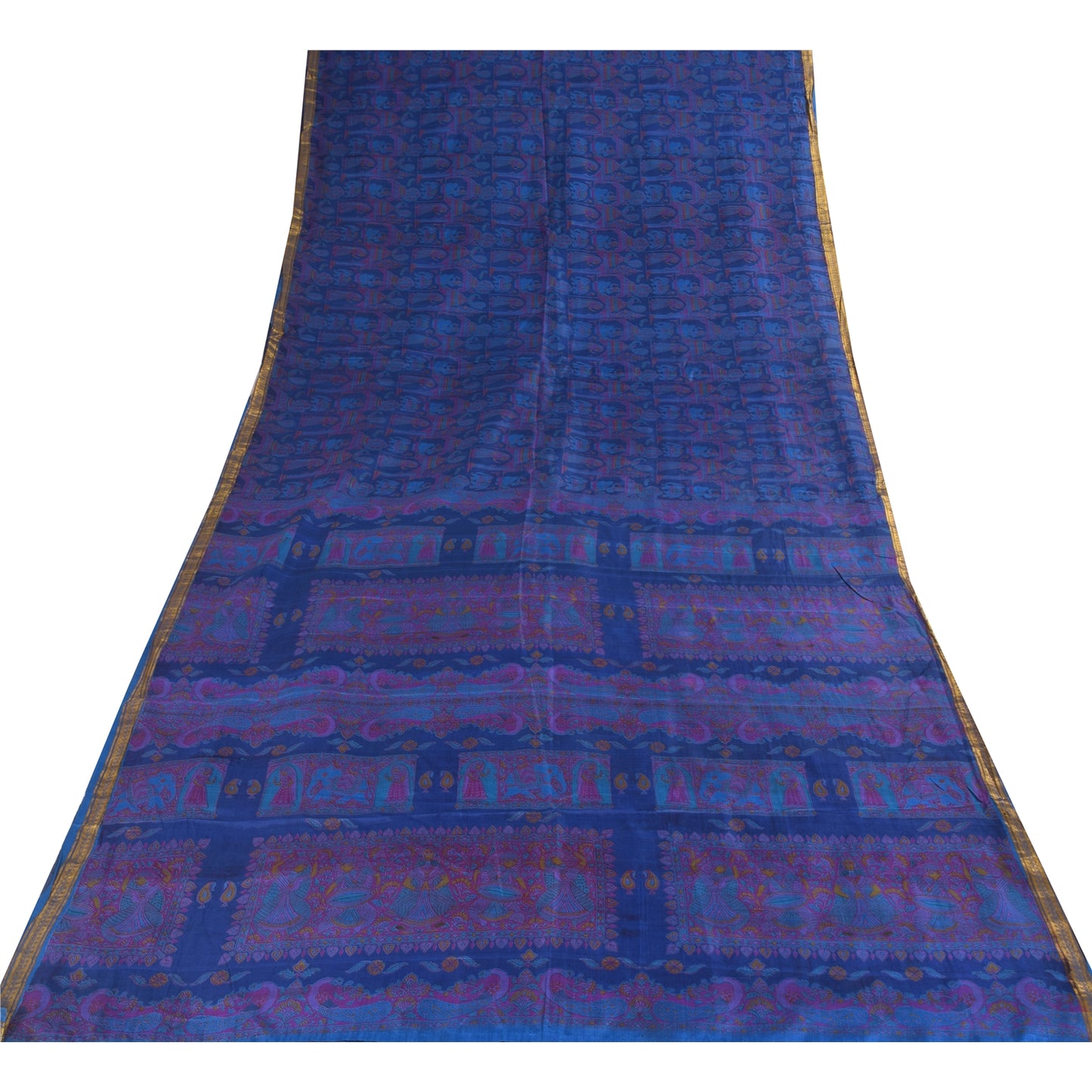 Sanskriti Vintage Sarees Blue Zari Border Pure Silk Human Print Sari 5+yd Fabric