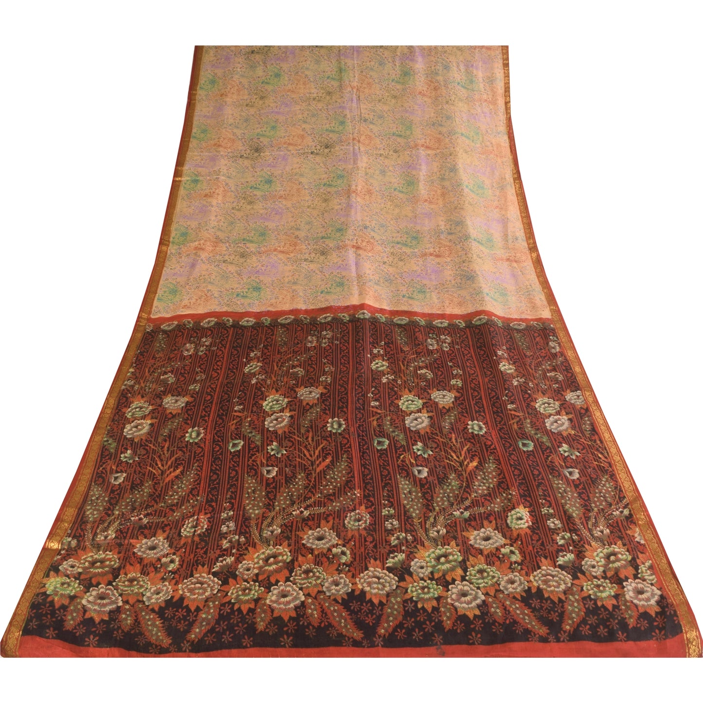 Sanskriti Vintage Sarees Peach Zari Border Pure Silk Printed Sari 5+yd Fabric