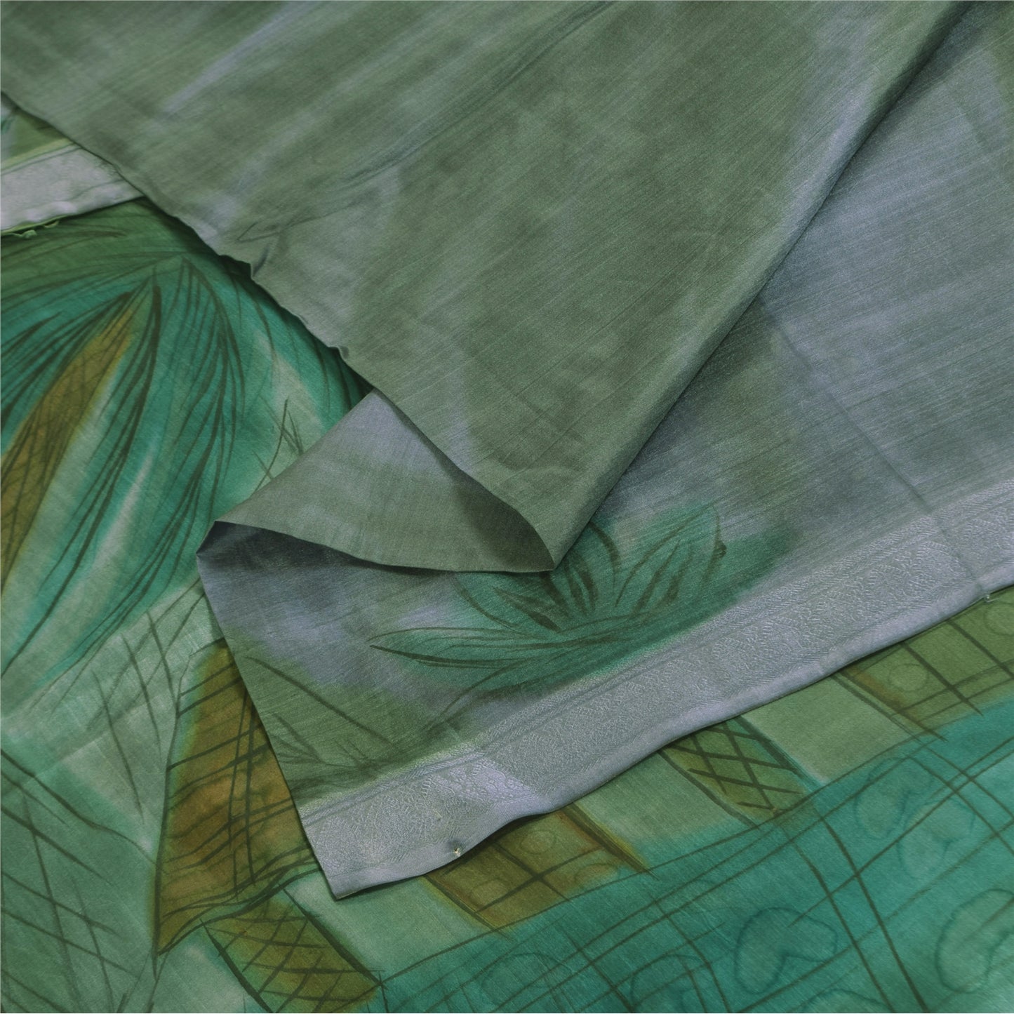 Sanskriti Vintage Sarees Green/Gray Pure Silk Printed Sari 6+yd Craft Fabric