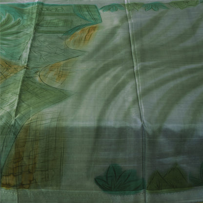 Sanskriti Vintage Sarees Green/Gray Pure Silk Printed Sari 6+yd Craft Fabric