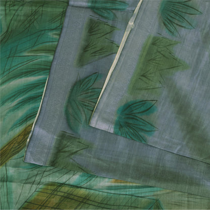 Sanskriti Vintage Sarees Green/Gray Pure Silk Printed Sari 6+yd Craft Fabric