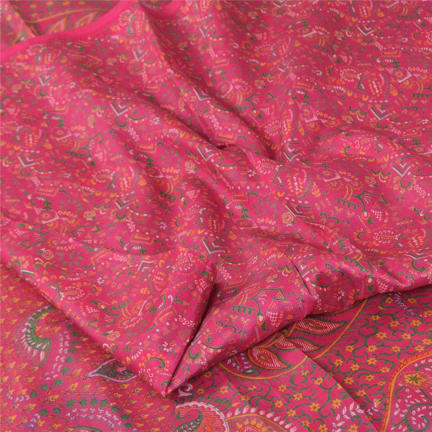 Sanskriti Vintage Sarees Blush Pink Pure Silk Printed Sari 5+yd Craft Fabric