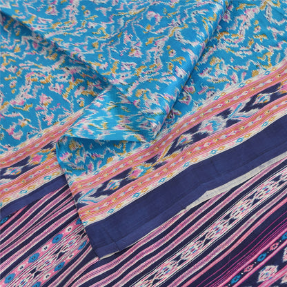 Sanskriti Vintage Sarees Indian Blue Pure Silk Printed Sari 5+yd Craft Fabric