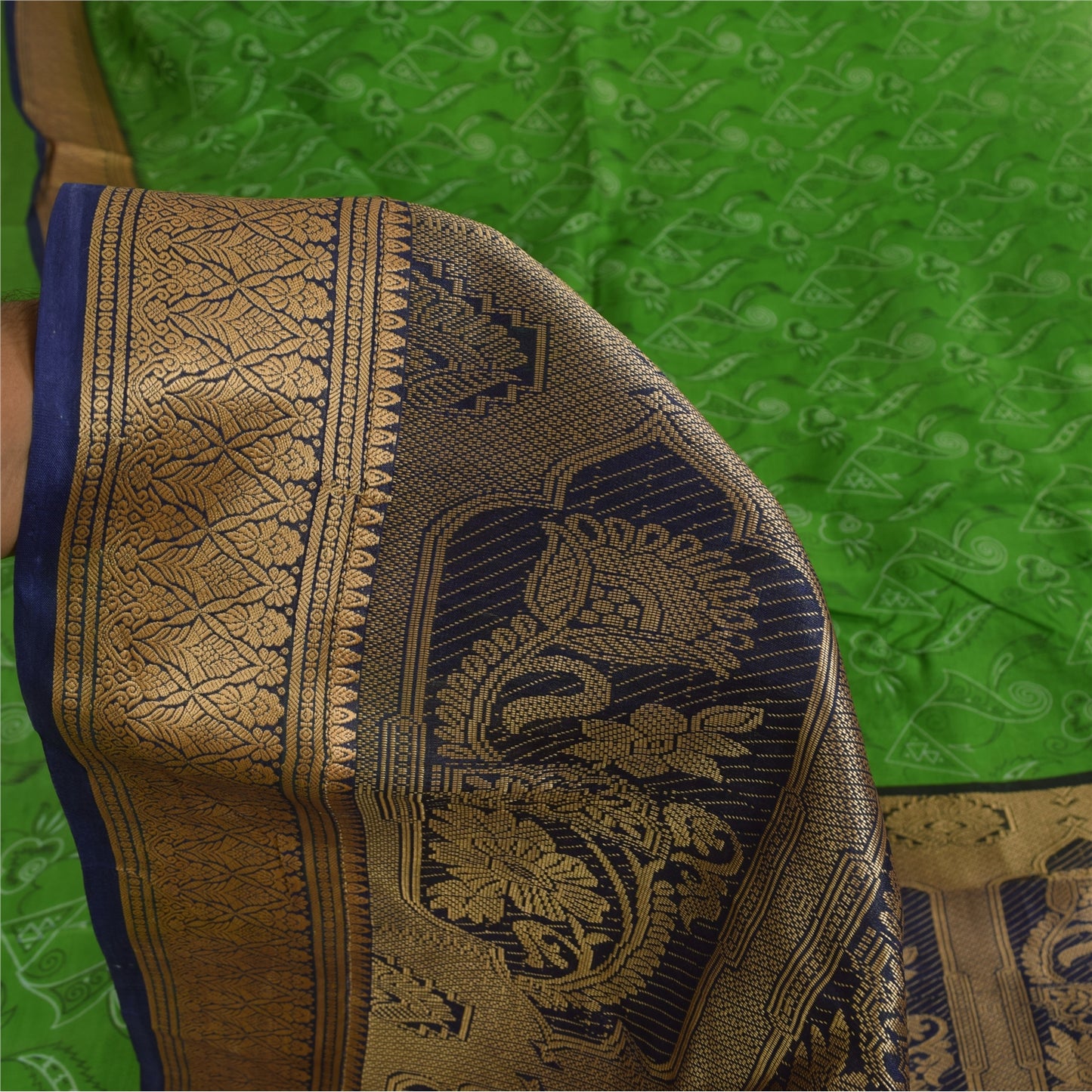 Sanskriti Vintage Sarees Green Pure Silk Printed Woven Sari 5+yd Craft Fabric