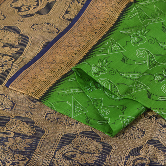 Sanskriti Vintage Sarees Green Pure Silk Printed Woven Sari 5+yd Craft Fabric