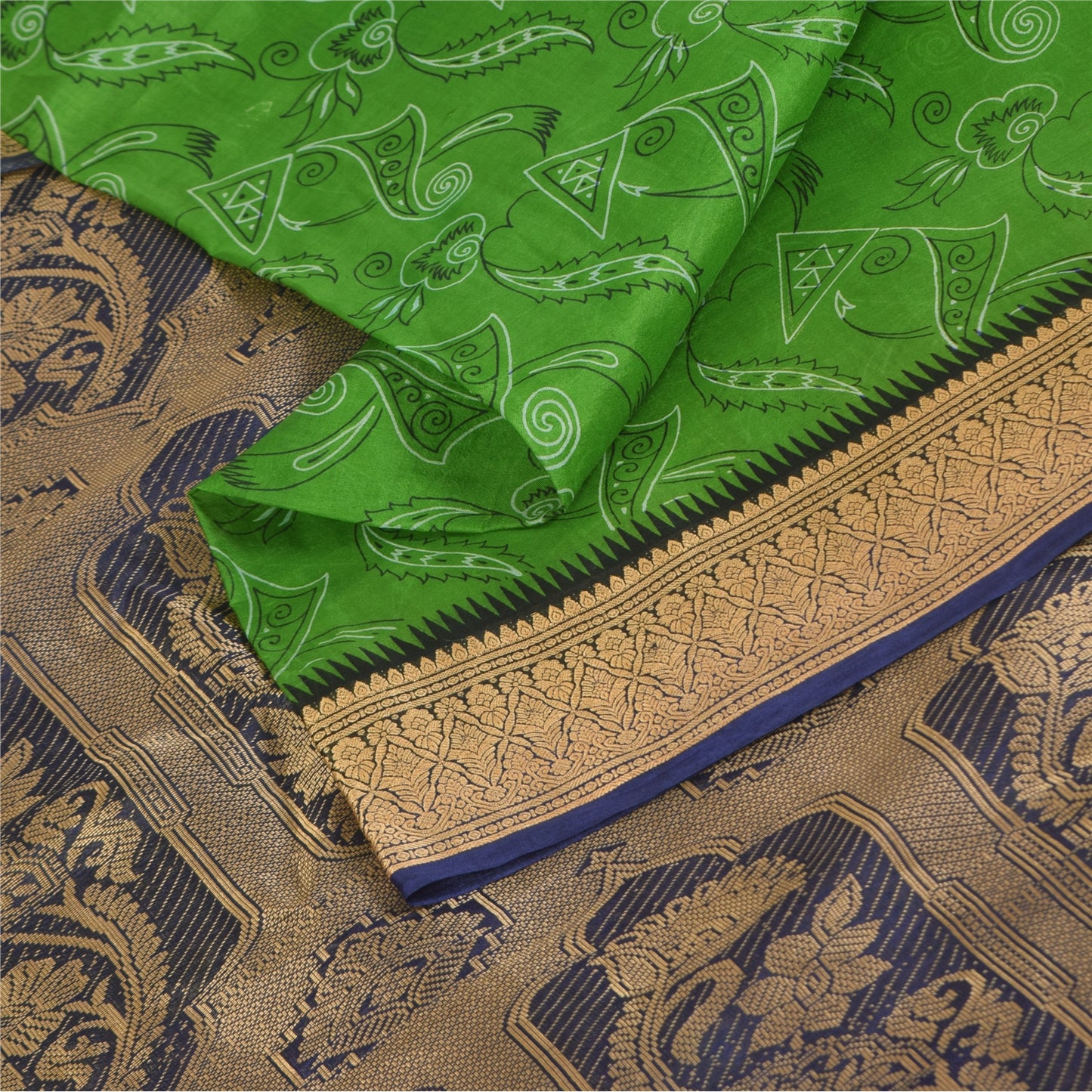 Sanskriti Vintage Sarees Green Pure Silk Printed Woven Sari 5+yd Craft Fabric