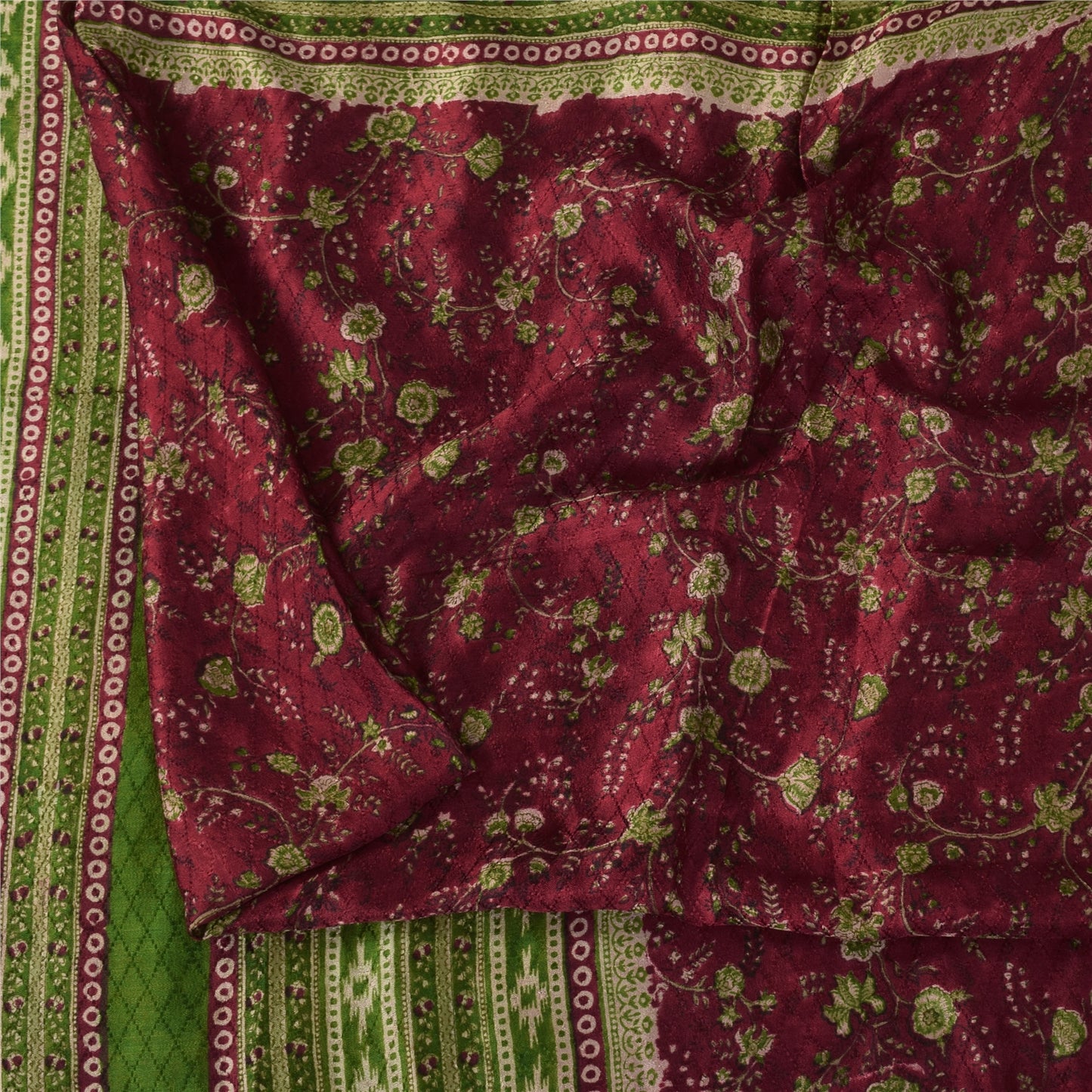 Sanskriti Vintage Sarees Dark Red Pure Silk Printed Woven Sari 6+yd Craft Fabric