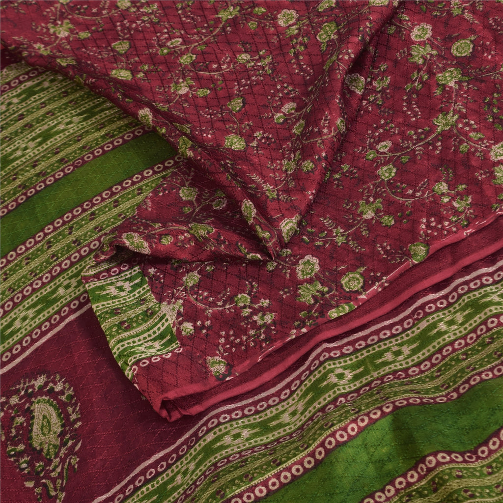 Sanskriti Vintage Sarees Dark Red Pure Silk Printed Woven Sari 6+yd Craft Fabric