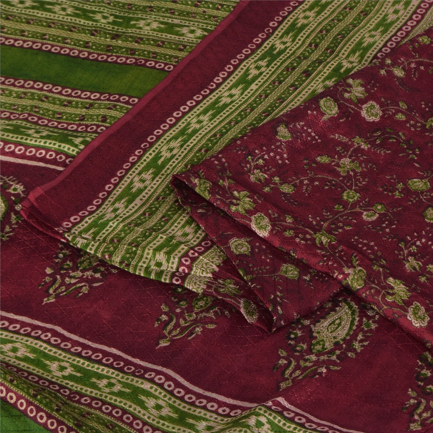 Sanskriti Vintage Sarees Dark Red Pure Silk Printed Woven Sari 6+yd Craft Fabric