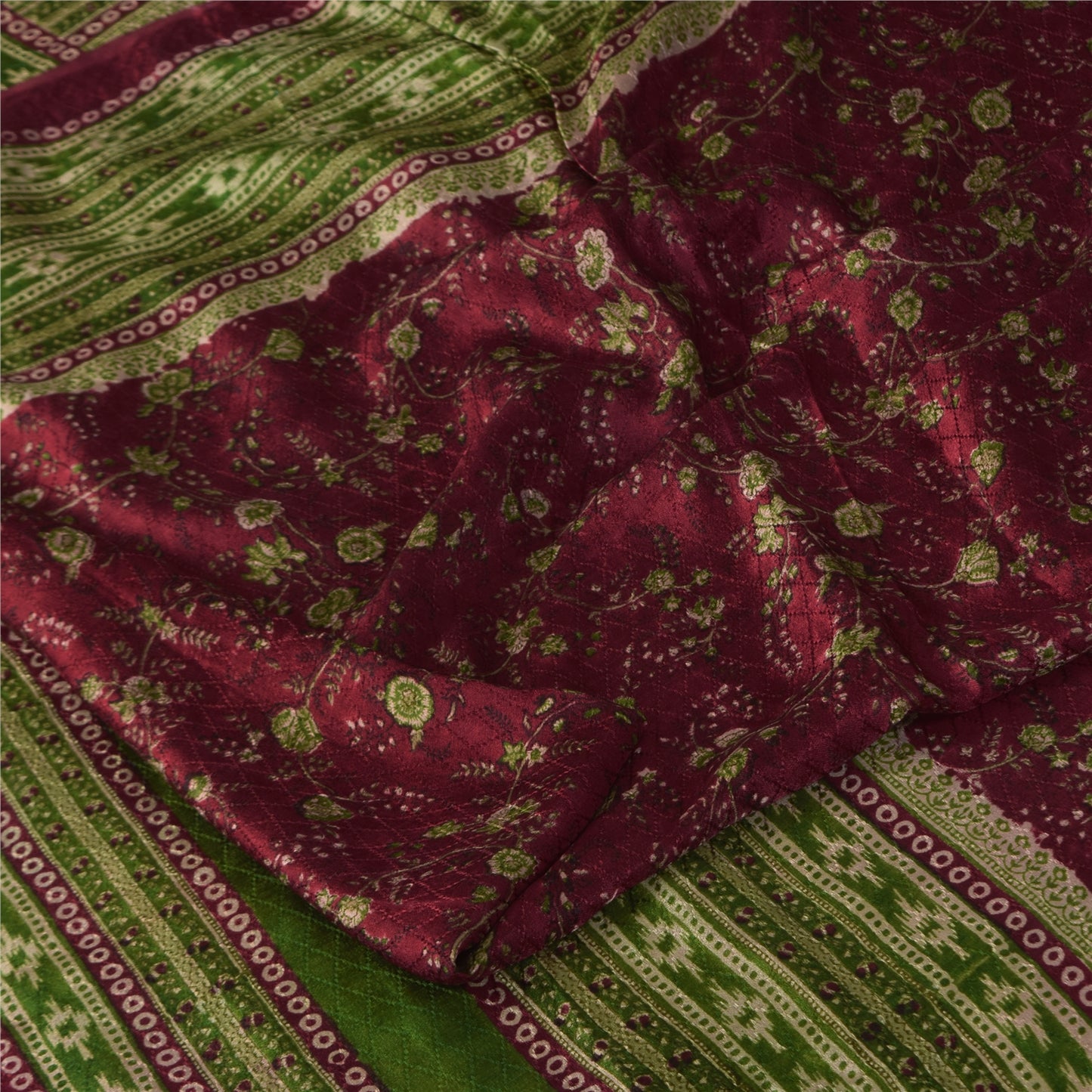 Sanskriti Vintage Sarees Dark Red Pure Silk Printed Woven Sari 6+yd Craft Fabric