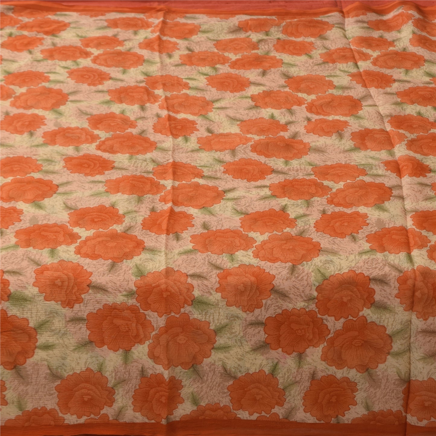 Sanskriti Vintage Sarees Orange Pure Silk Printed Sari 5+yd Craft Fabric