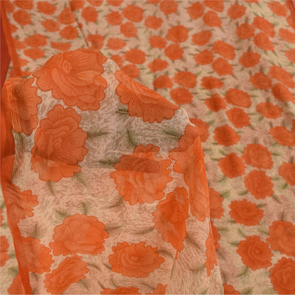 Sanskriti Vintage Sarees Orange Pure Silk Printed Sari 5+yd Craft Fabric