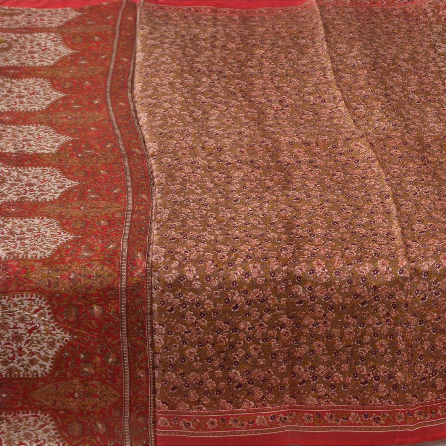 Sanskriti Vintage Sarees Brown 100% Pure Silk Printed Sari 5+yd Craft Fabric