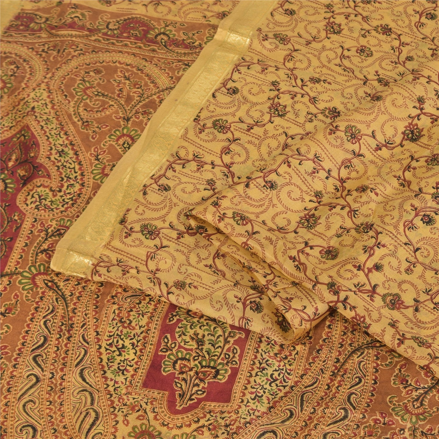 Sanskriti Vintage Sarees Beige Zari Border Pure Silk Printed Sari 5+yd Fabric