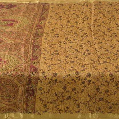 Sanskriti Vintage Sarees Beige Zari Border Pure Silk Printed Sari 5+yd Fabric