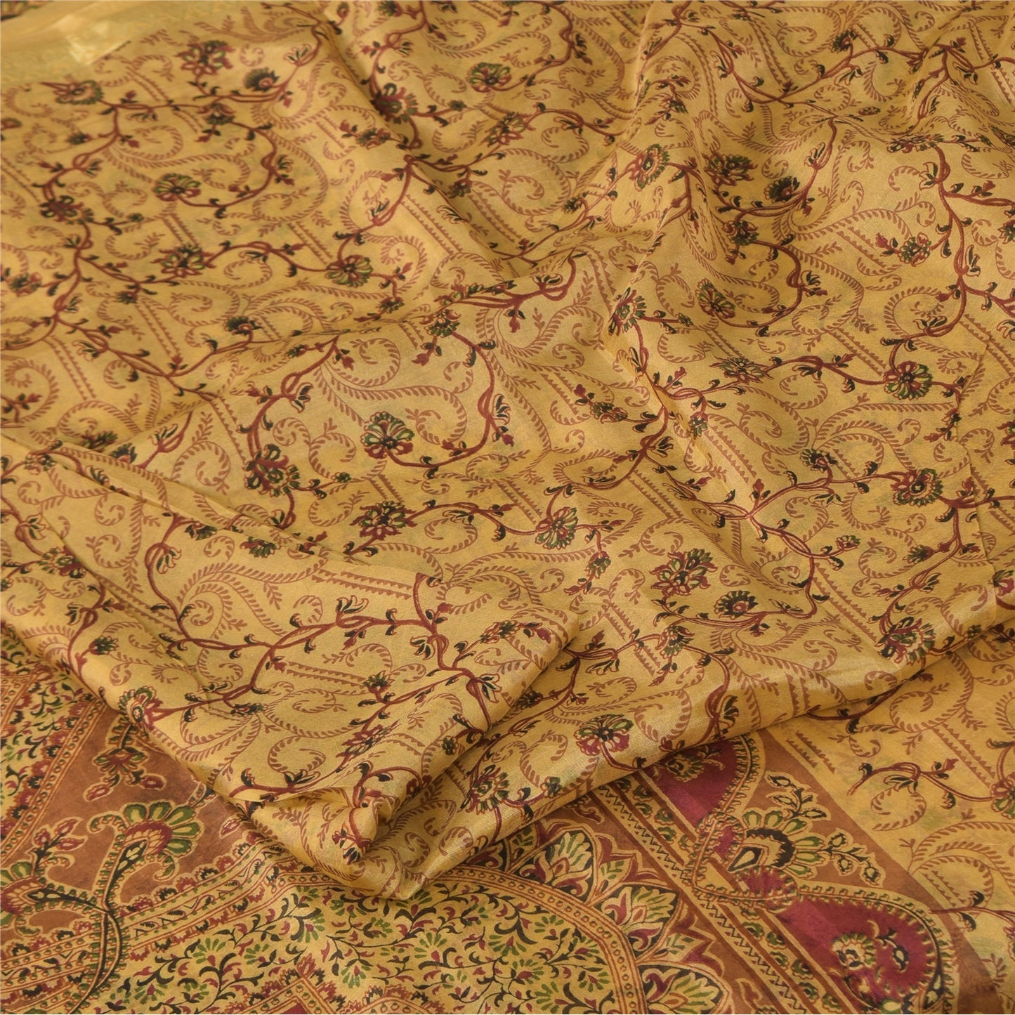 Sanskriti Vintage Sarees Beige Zari Border Pure Silk Printed Sari 5+yd Fabric