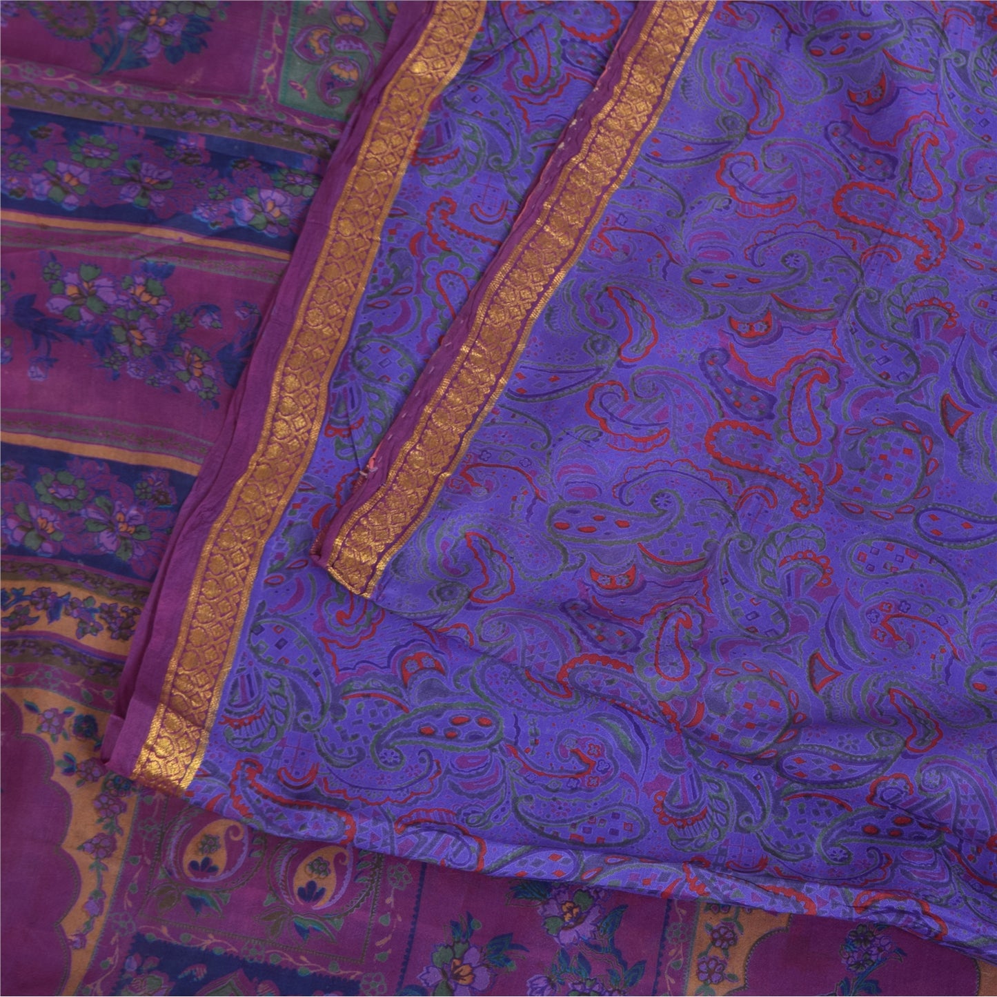 Sanskriti Vintage Sarees Purple Zari Border Pure Silk Printed Sari 6+yd Fabric