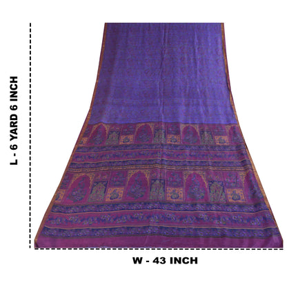 Sanskriti Vintage Sarees Purple Zari Border Pure Silk Printed Sari 6+yd Fabric