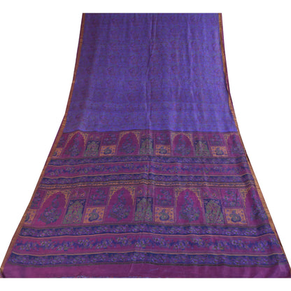 Sanskriti Vintage Sarees Purple Zari Border Pure Silk Printed Sari 6+yd Fabric