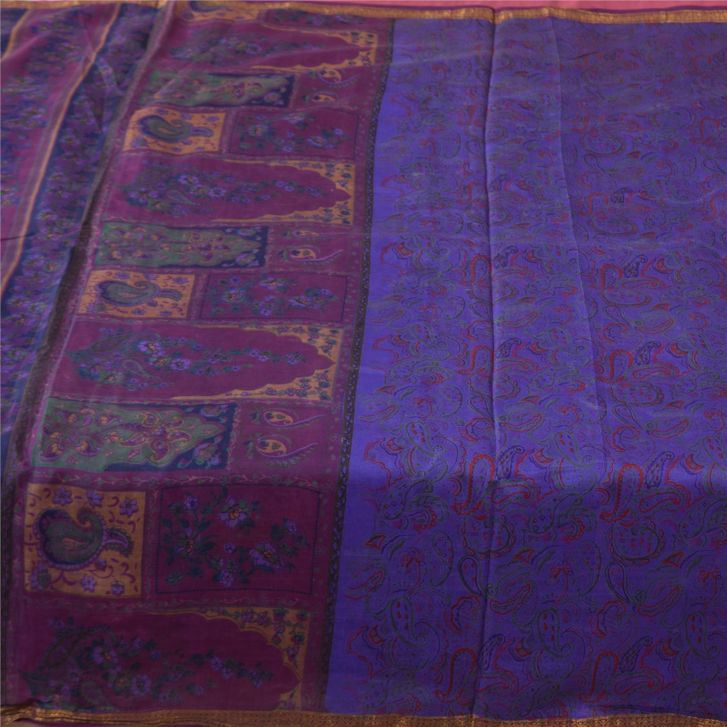 Sanskriti Vintage Sarees Purple Zari Border Pure Silk Printed Sari 6+yd Fabric