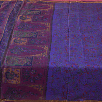 Sanskriti Vintage Sarees Purple Zari Border Pure Silk Printed Sari 6+yd Fabric