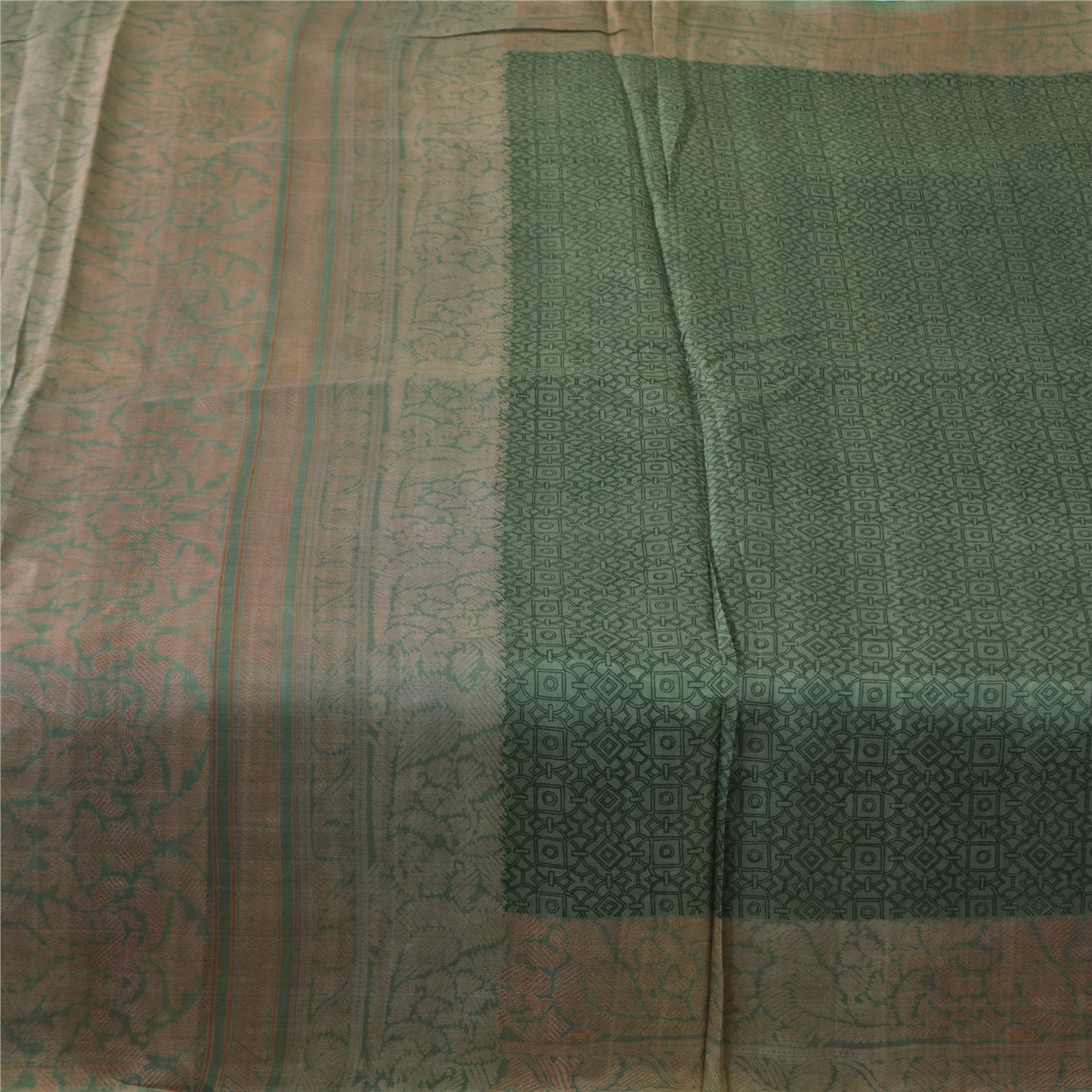 Sanskriti Vintage Sarees Green 100% Pure Silk Printed Sari 6+yd SoftCraft Fabric