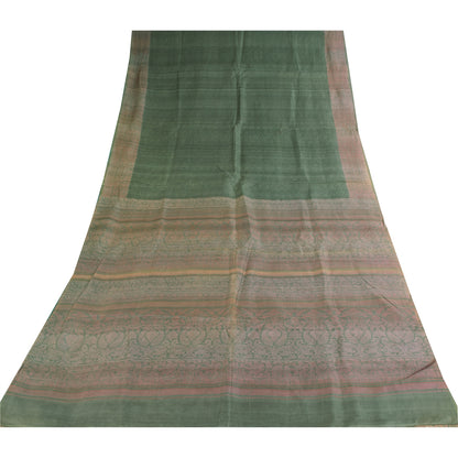 Sanskriti Vintage Sarees Green 100% Pure Silk Printed Sari 6+yd SoftCraft Fabric