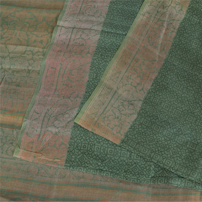 Sanskriti Vintage Sarees Green 100% Pure Silk Printed Sari 6+yd SoftCraft Fabric