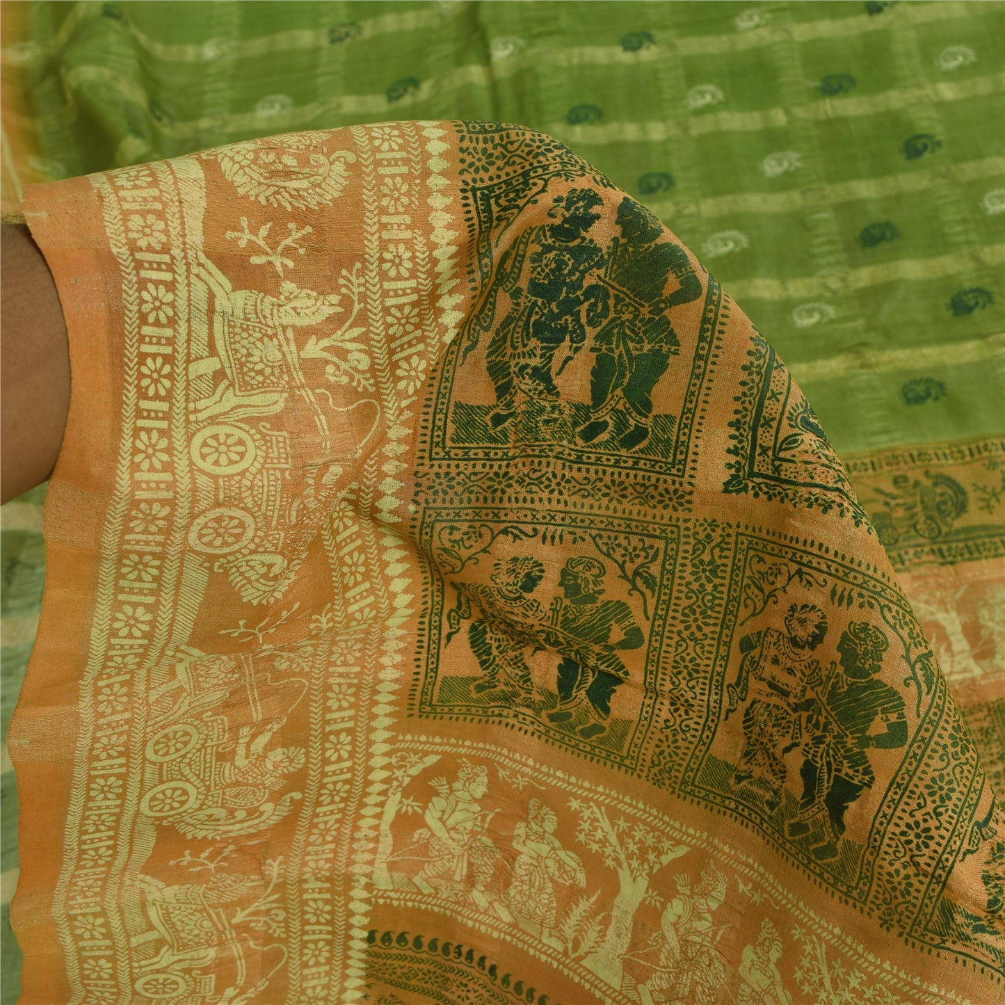 Sanskriti Vintage Sarees Green 100%Pure Silk Printed Woven Epic Sari 5+yd Fabric