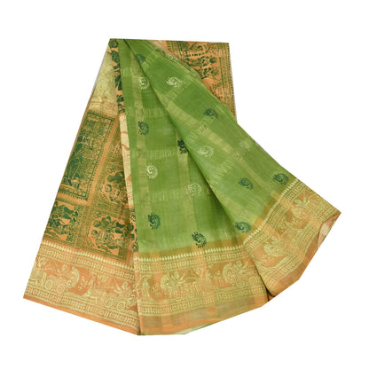 Sanskriti Vintage Sarees Green 100%Pure Silk Printed Woven Epic Sari 5+yd Fabric