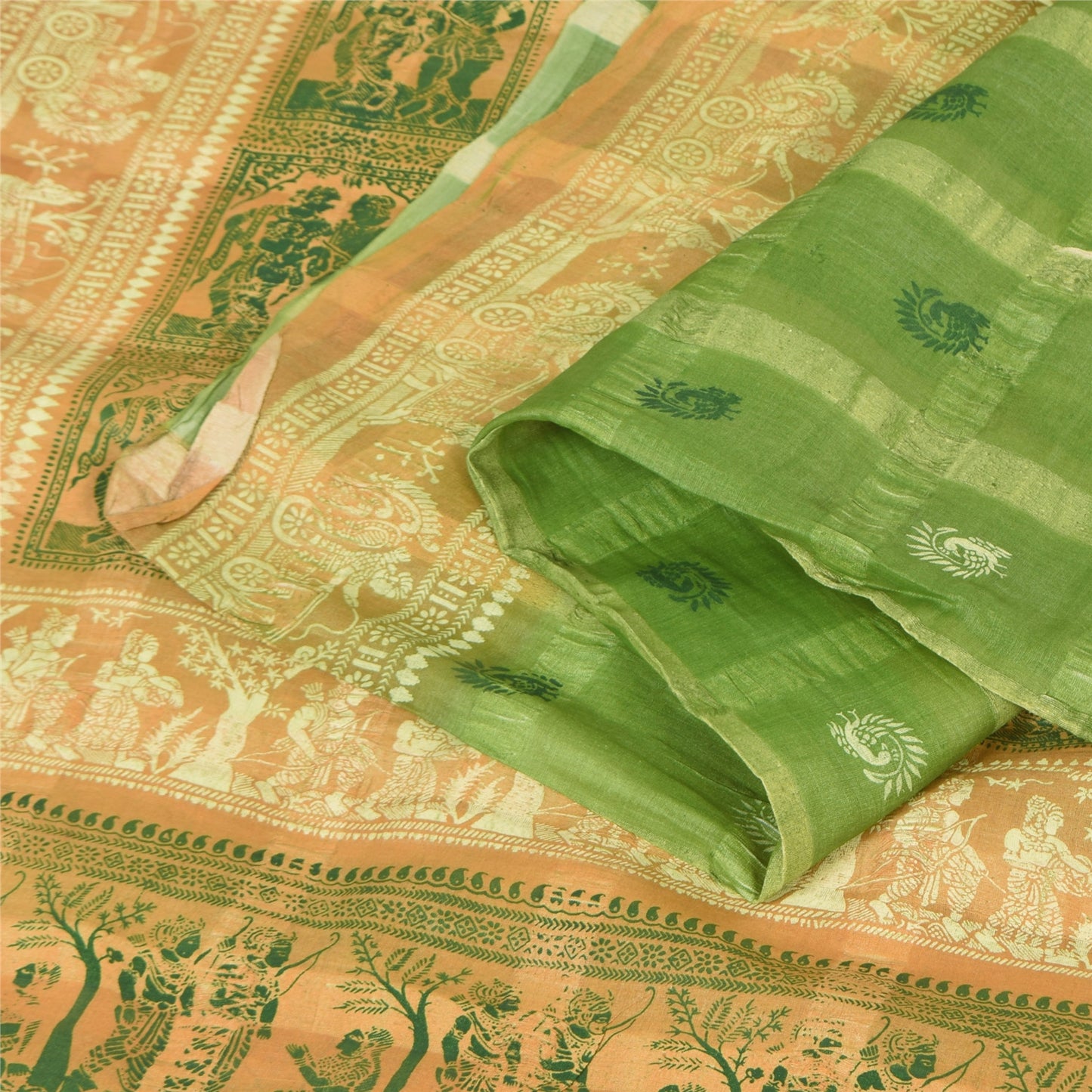 Sanskriti Vintage Sarees Green 100%Pure Silk Printed Woven Epic Sari 5+yd Fabric