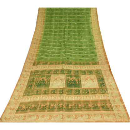 Sanskriti Vintage Sarees Green 100%Pure Silk Printed Woven Epic Sari 5+yd Fabric