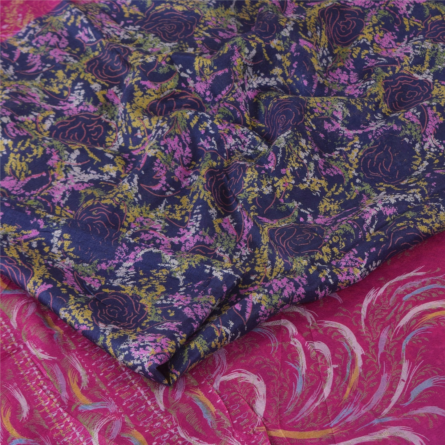 Sanskriti Vintage Sarees Purple/Pink Pure Silk Printed Sari 5+yd Craft Fabric