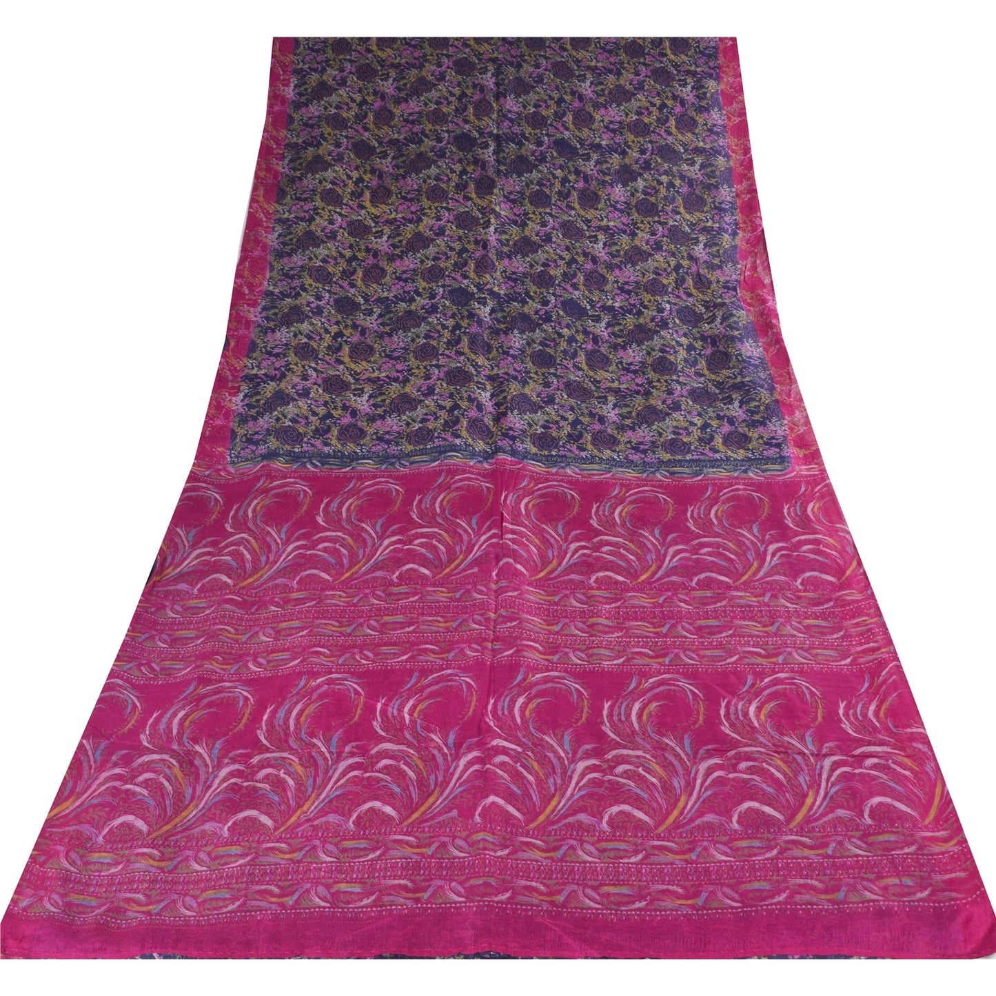 Sanskriti Vintage Sarees Purple/Pink Pure Silk Printed Sari 5+yd Craft Fabric