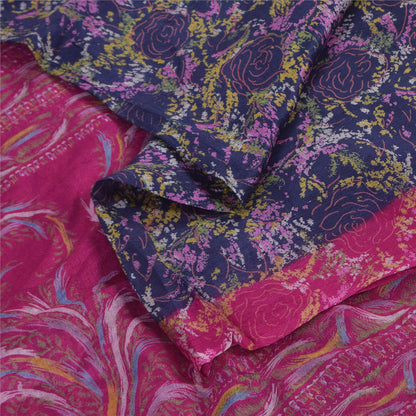 Sanskriti Vintage Sarees Purple/Pink Pure Silk Printed Sari 5+yd Craft Fabric