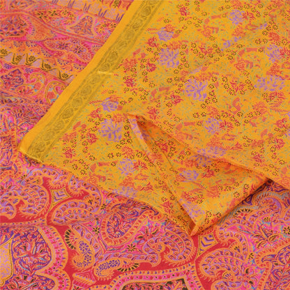 Sanskriti Vintage Sarees Yellow Zari Border Pure Silk Printed Sari 5+yd Fabric