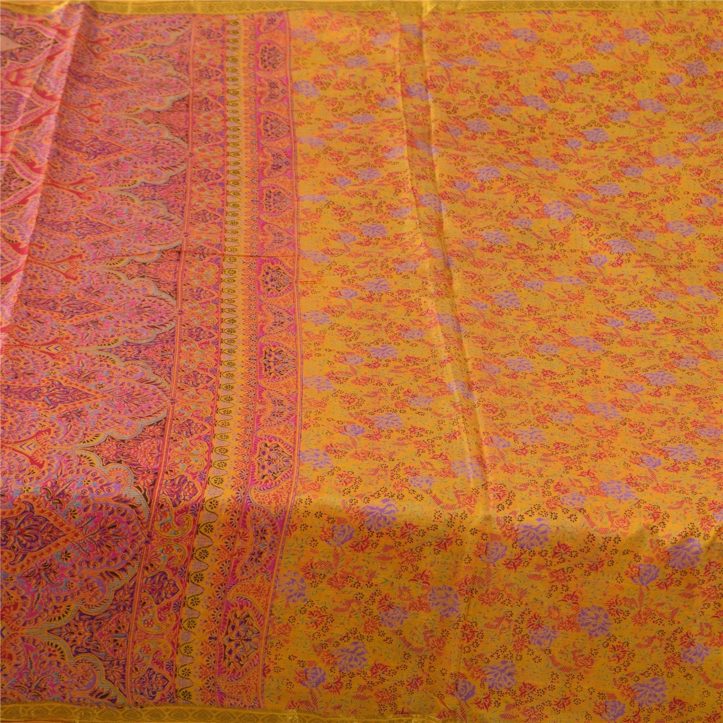 Sanskriti Vintage Sarees Yellow Zari Border Pure Silk Printed Sari 5+yd Fabric