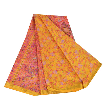 Sanskriti Vintage Sarees Yellow Zari Border Pure Silk Printed Sari 5+yd Fabric