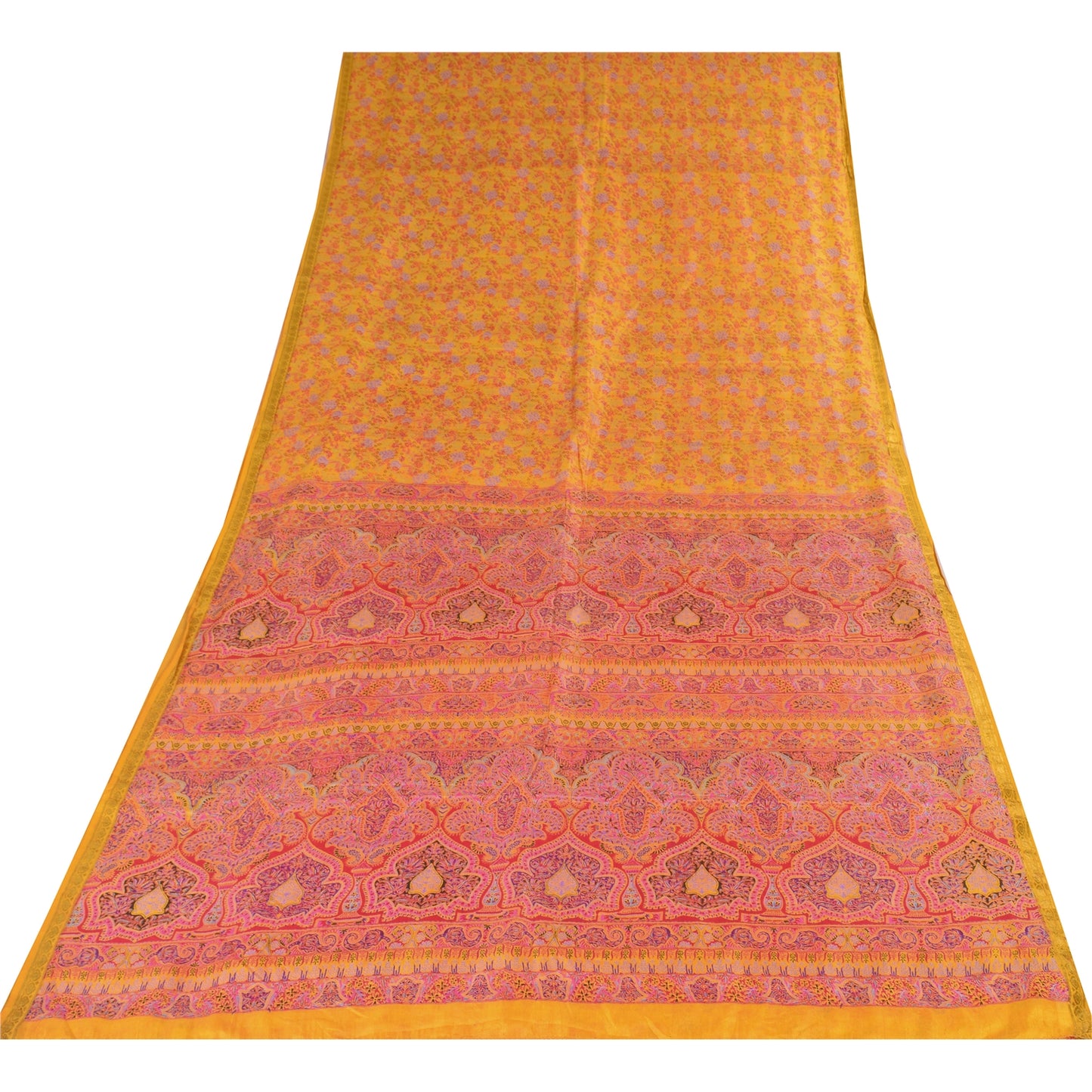 Sanskriti Vintage Sarees Yellow Zari Border Pure Silk Printed Sari 5+yd Fabric