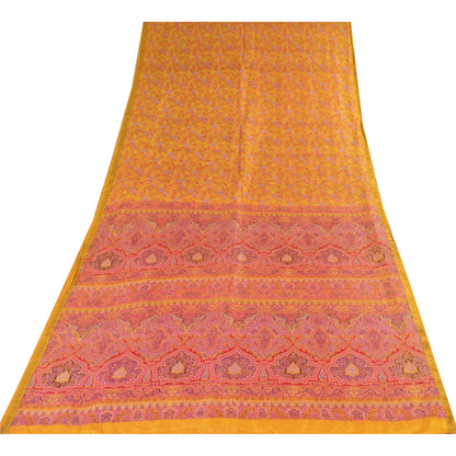 Sanskriti Vintage Sarees Yellow Zari Border Pure Silk Printed Sari 5+yd Fabric