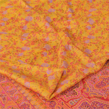 Sanskriti Vintage Sarees Yellow Zari Border Pure Silk Printed Sari 5+yd Fabric