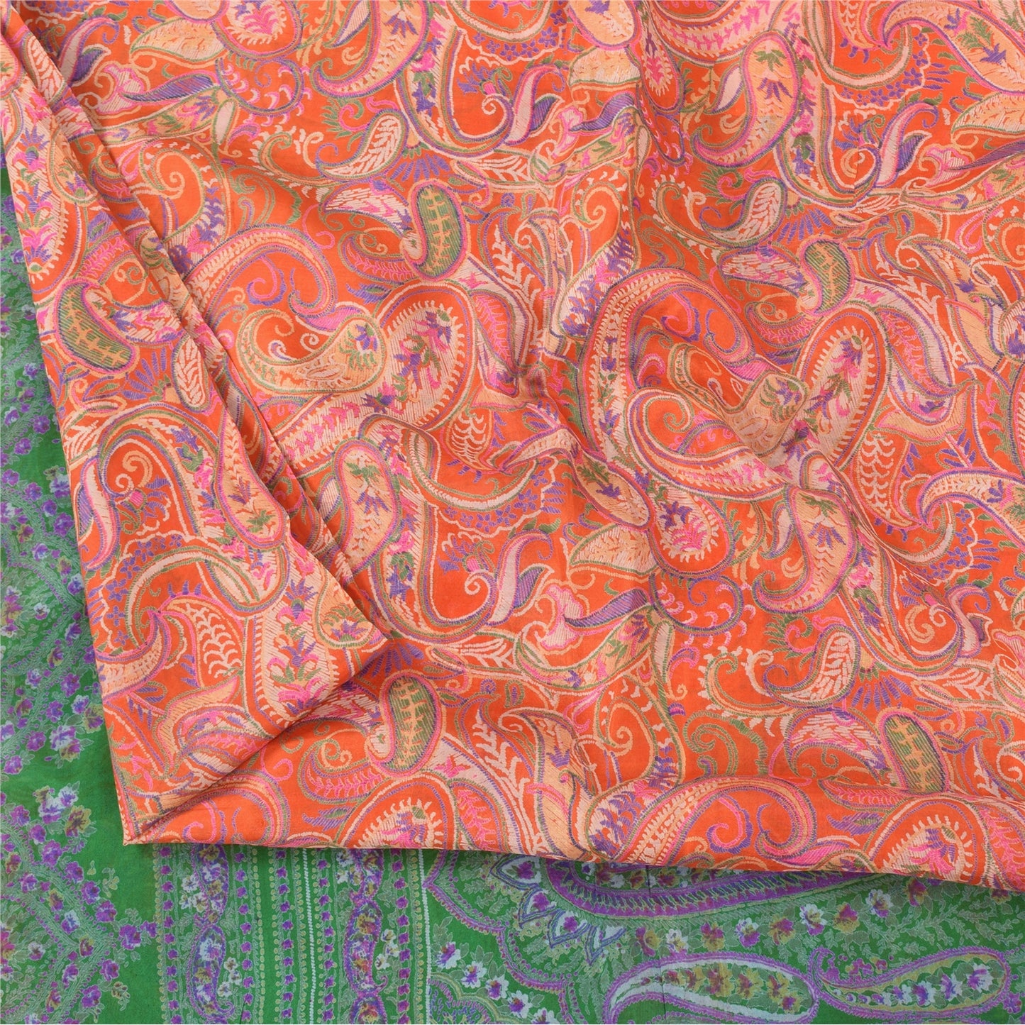 Sanskriti Vintage Sarees Orange 100% Pure Silk Printed Sari 6+yd Craft Fabric