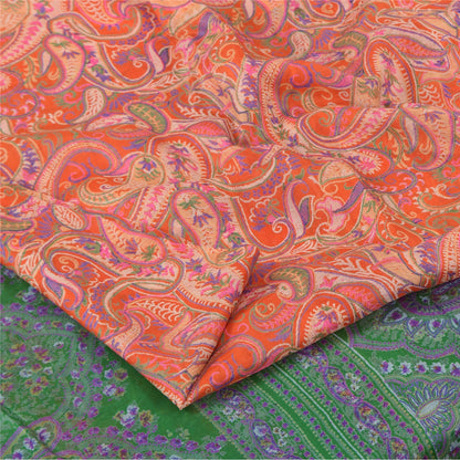 Sanskriti Vintage Sarees Orange 100% Pure Silk Printed Sari 6+yd Craft Fabric