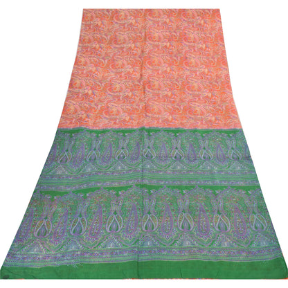 Sanskriti Vintage Sarees Orange 100% Pure Silk Printed Sari 6+yd Craft Fabric