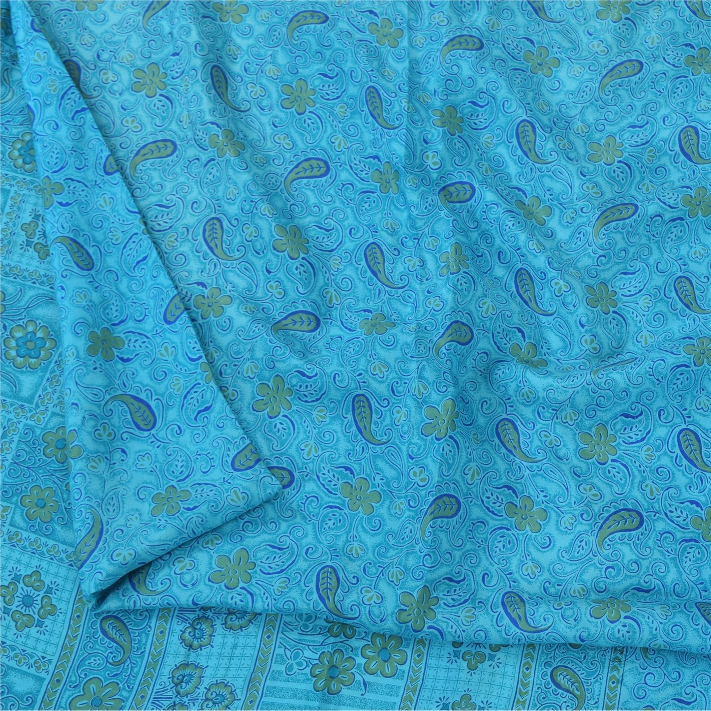 Sanskriti Vintage Sarees Blue Indian Pure Silk Printed Sari 5+yd Craft Fabric