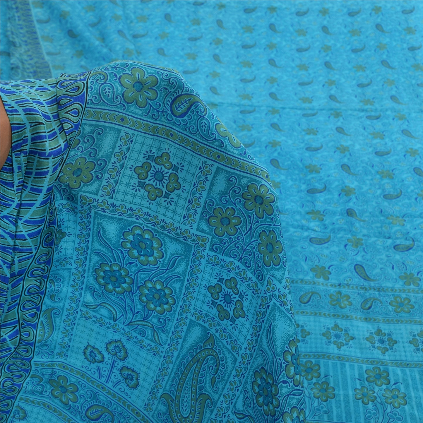 Sanskriti Vintage Sarees Blue Indian Pure Silk Printed Sari 5+yd Craft Fabric