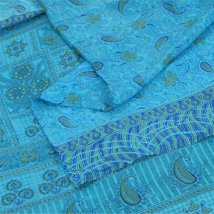 Sanskriti Vintage Sarees Blue Indian Pure Silk Printed Sari 5+yd Craft Fabric